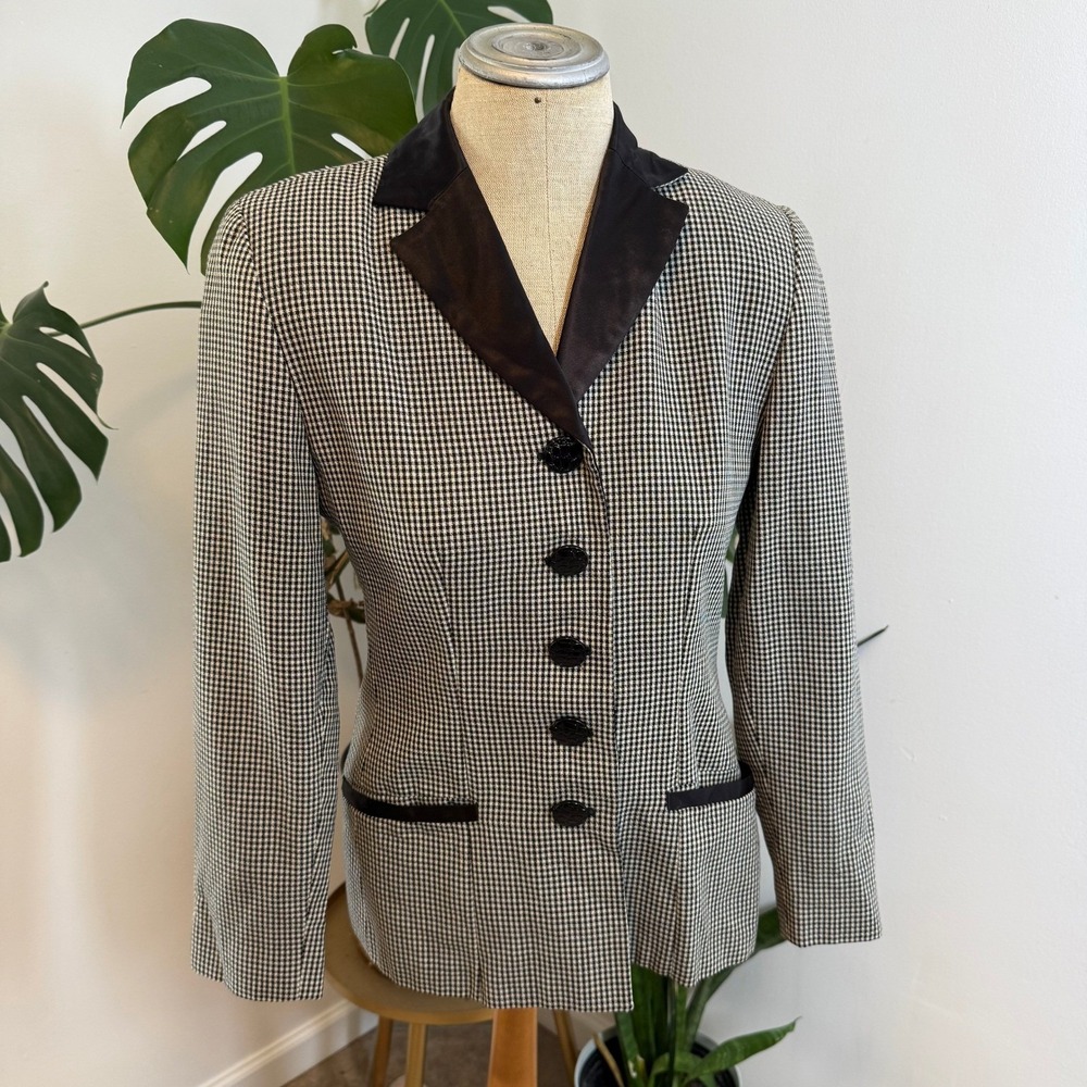 Vintage Blazer Jacket Womens Black White Gingham Satin Lapel Made in Italy S‎ 40
